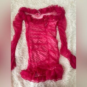 Sugar Thrillz Hot Pink Ruffled Off the Shoulder Dress-Dollskill